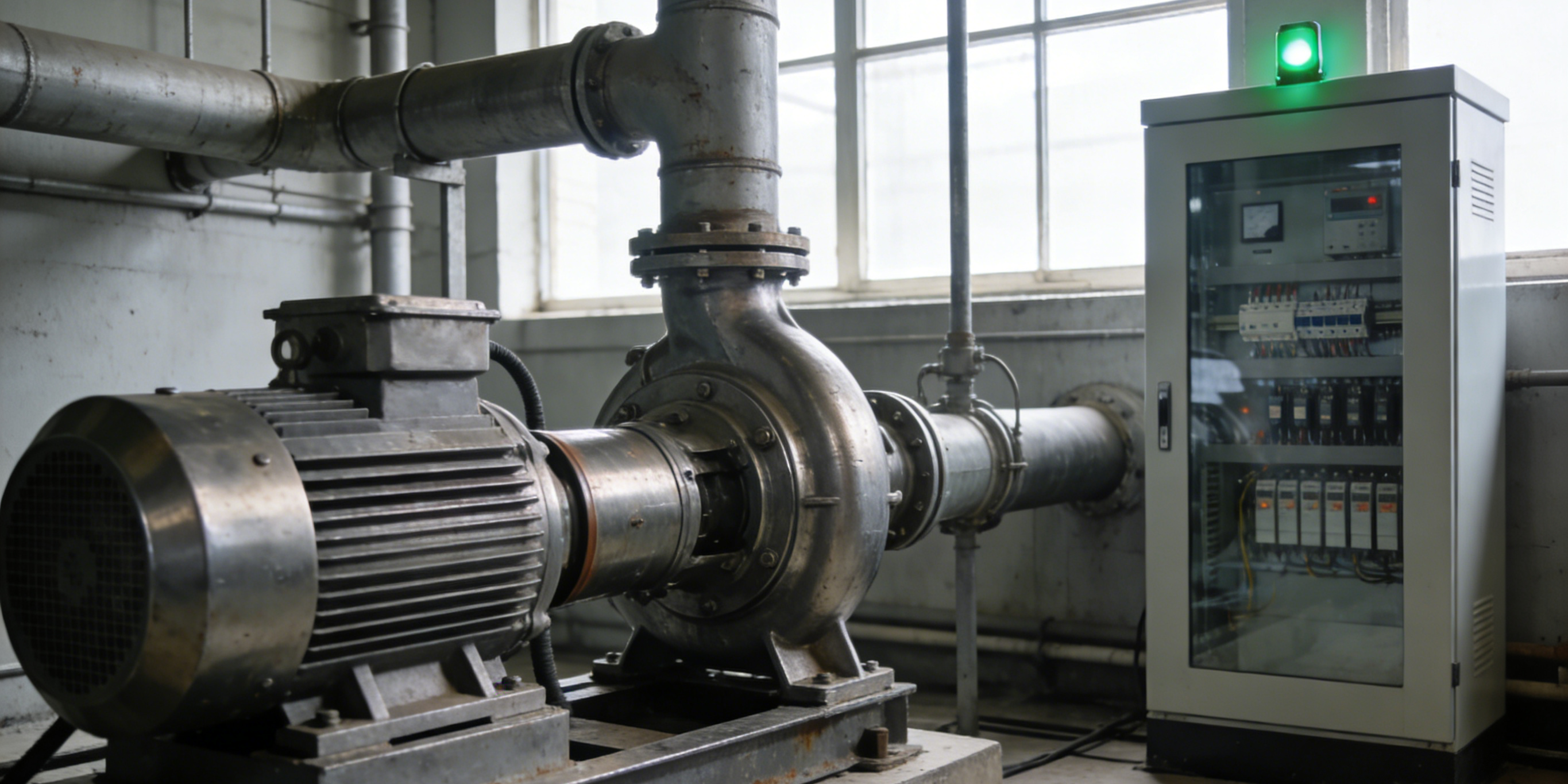 industrial centrifugal pump system with electric motor and control panel in factory mechanical room